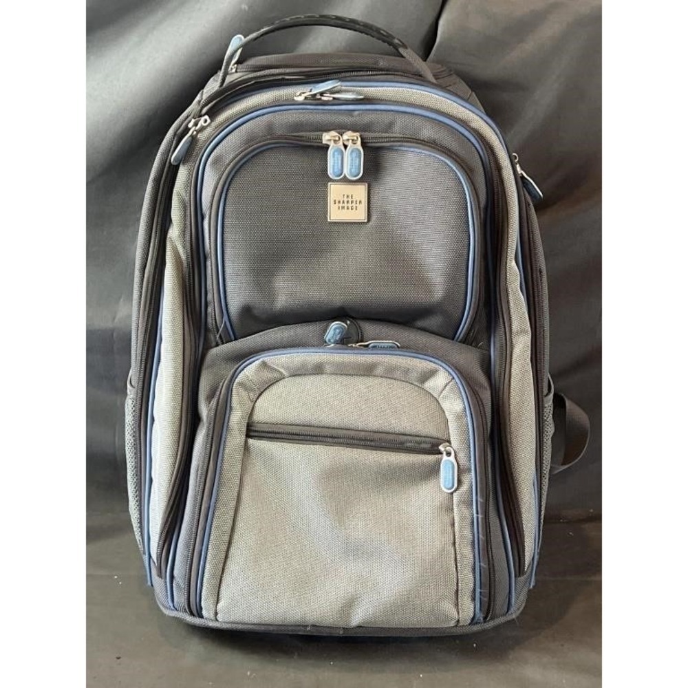 The Sharper Image Grey Ballistic Nylon Laptop Travel Backpack Blue Trim Padded